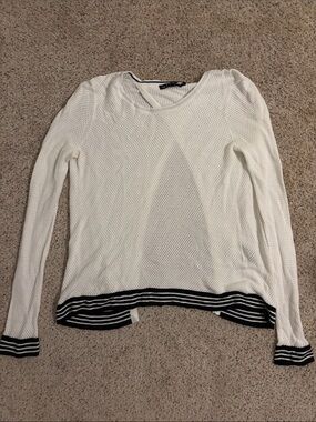 rag & bone White Knit Scoop Neck Sweater with Black Stripe Trim